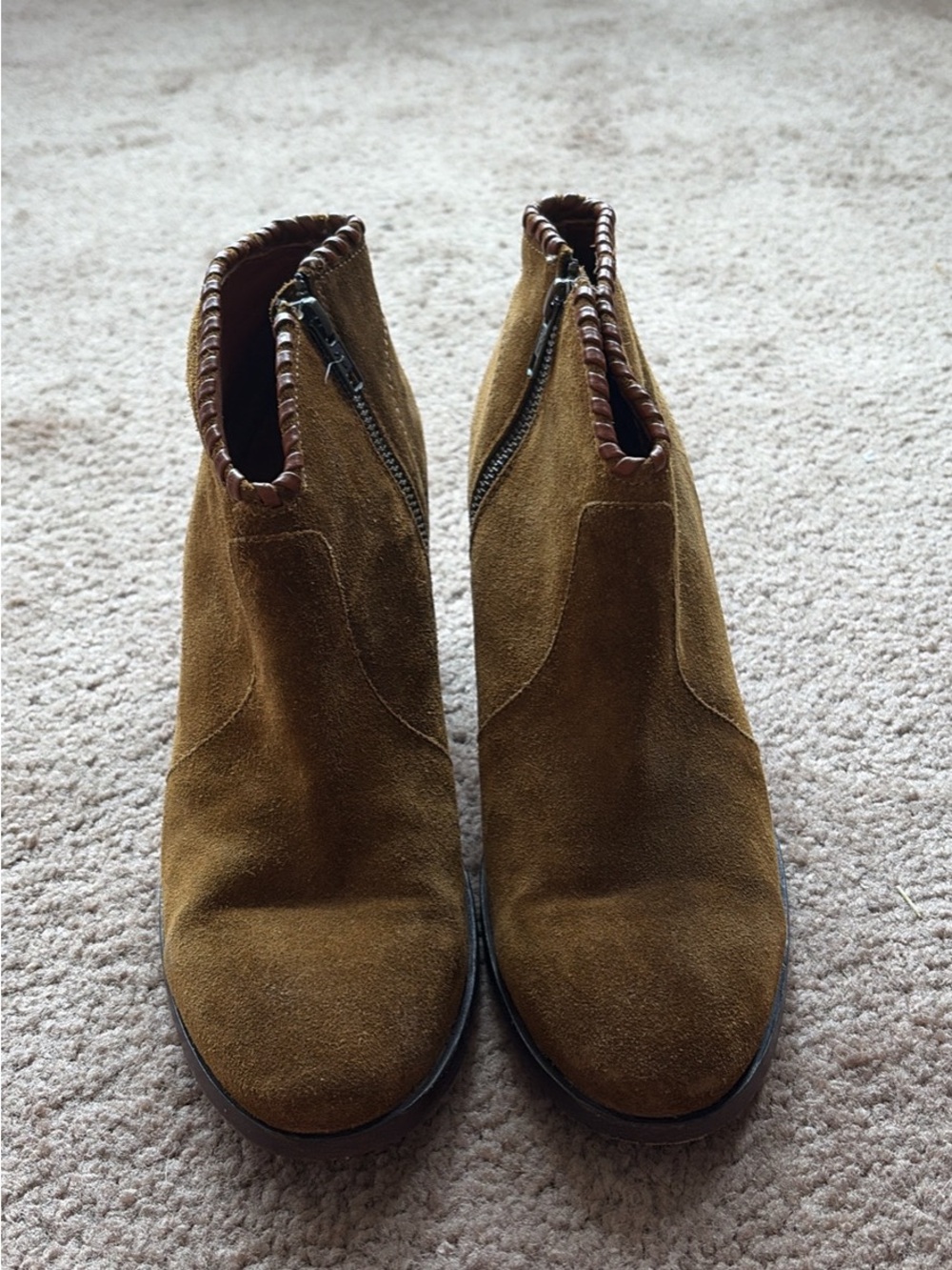 Frye Suede Ankle Booties in Olive-Tan with Braided Collar